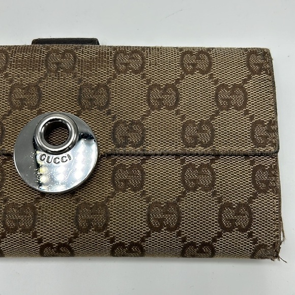 Authentic Vintage Gucci Double Snap Brown Web Long Wallet - Picture 3 of 13